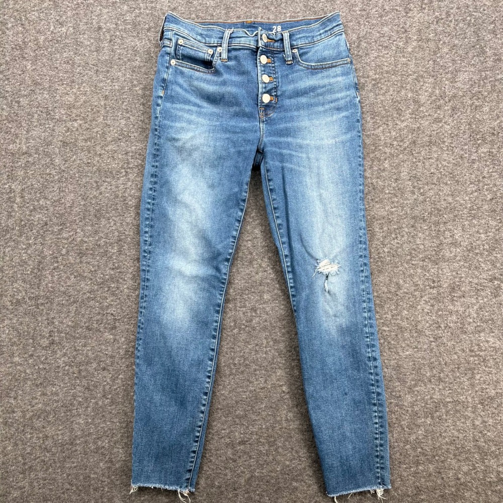 J.Crew‎ 9" Toothpick Skinny Jeans 28 Button Fly Raw Hem Distressed Medium Wash